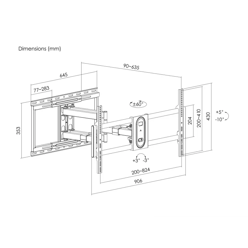 Equip pilno judesio TV laikiklis 43-100 colių, 200x200-800x400 mm, -10-5°, -60-60°, plastikas, nerūdijantis plienas, juodas