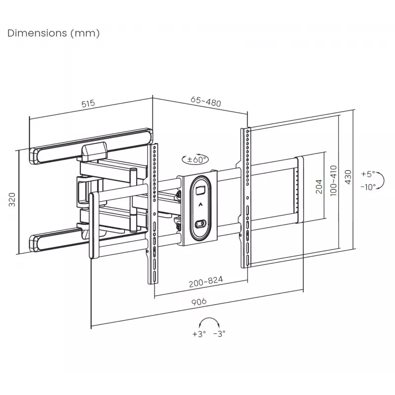 Equip pilno judesio TV laikiklis 43-100 colių, 200x200-800x400 mm, -10-5°, -60-60°, plastikas, nerūdijantis plienas, juodas