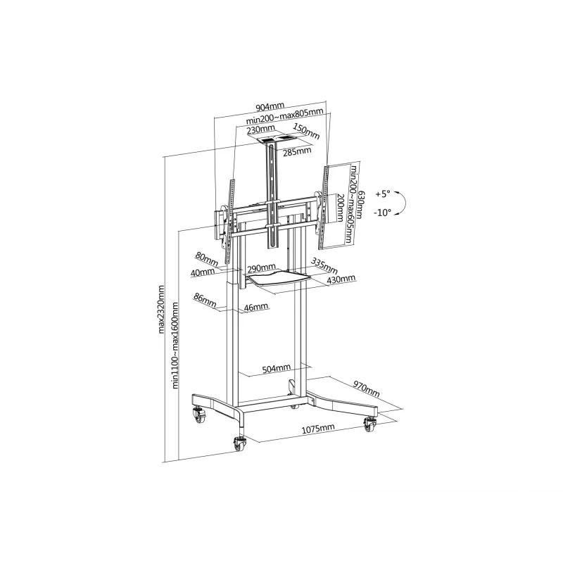 Equip mobilus motorizuotas LFD vežimėlis 55-100 colių, 2.54 m (100 col.), 200 x 200 mm, 800 x 600 mm, -10 - 5°, aliuminis, plastikas, nerūdijantis plienas, juoda
