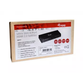 Equip Ultra Slim 4-Port HDMI 2.0 Skirstytuvas, HDMI, 4x HDMI, 3840 x 2160 pikseliai, Juoda, Aliuminis, 4K Ultra HD