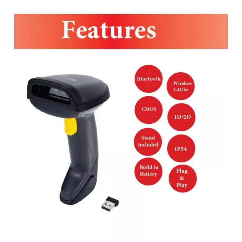 Equip Wireless 2D dviejų režimų brūkšninių kodų skaitytuvas su stovu, 2,4 GHz + Bluetooth
