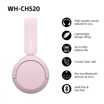 Sony WHCH520P.CE7 belaidės ausinės, 20-20000 Hz, skambučiai/muzika, 147 g, rožinė