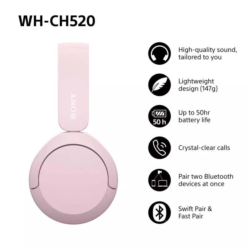 Sony WHCH520P.CE7 belaidės ausinės, 20-20000 Hz, skambučiai/muzika, 147 g, rožinė