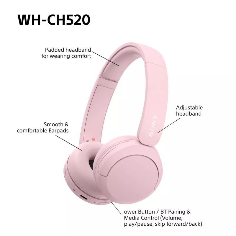 Sony WHCH520P.CE7 belaidės ausinės, 20-20000 Hz, skambučiai/muzika, 147 g, rožinė