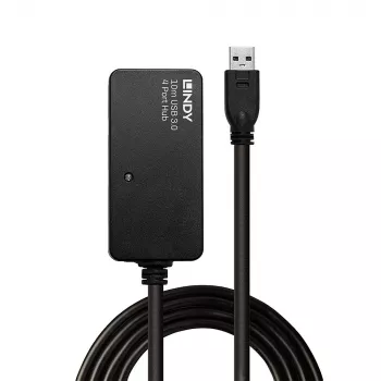 Lindy 10m USB 3.0 Active Extension Pro Hub, USB 3.2 Gen 1 (3.1 Gen 1) Type-A, 5000 Mbit/s, Juoda, Plastikas, Apvalus kabelis