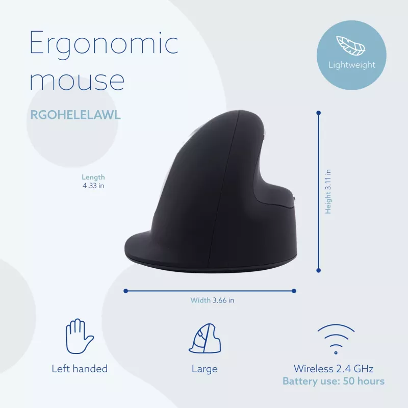 R-Go Tools Ergonomiška pelė R-Go HE Break su pertraukų programine įranga, didelė (rankos dydis ≥ 185 mm), kairiarankiams, Bluetooth, juoda