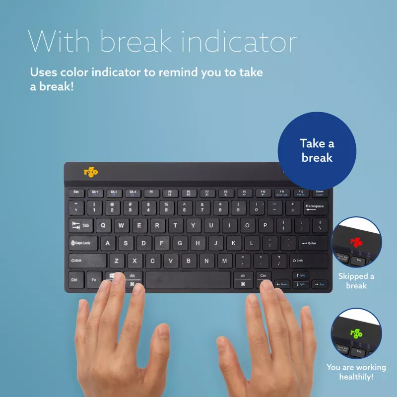 R-Go Tools ergonominė klaviatūra R-Go Compact Break, kompaktiška klaviatūra su pertraukų programine įranga, QWERTY (US), Bluetooth, juoda