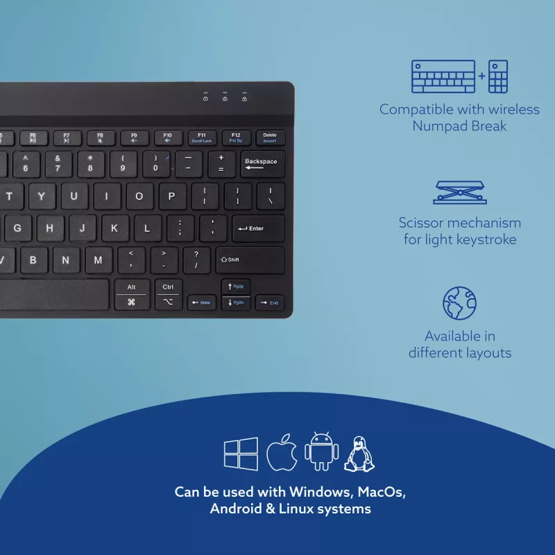 R-Go Tools ergonominė klaviatūra R-Go Compact Break, kompaktiška klaviatūra su pertraukų programine įranga, QWERTY (US), Bluetooth, juoda