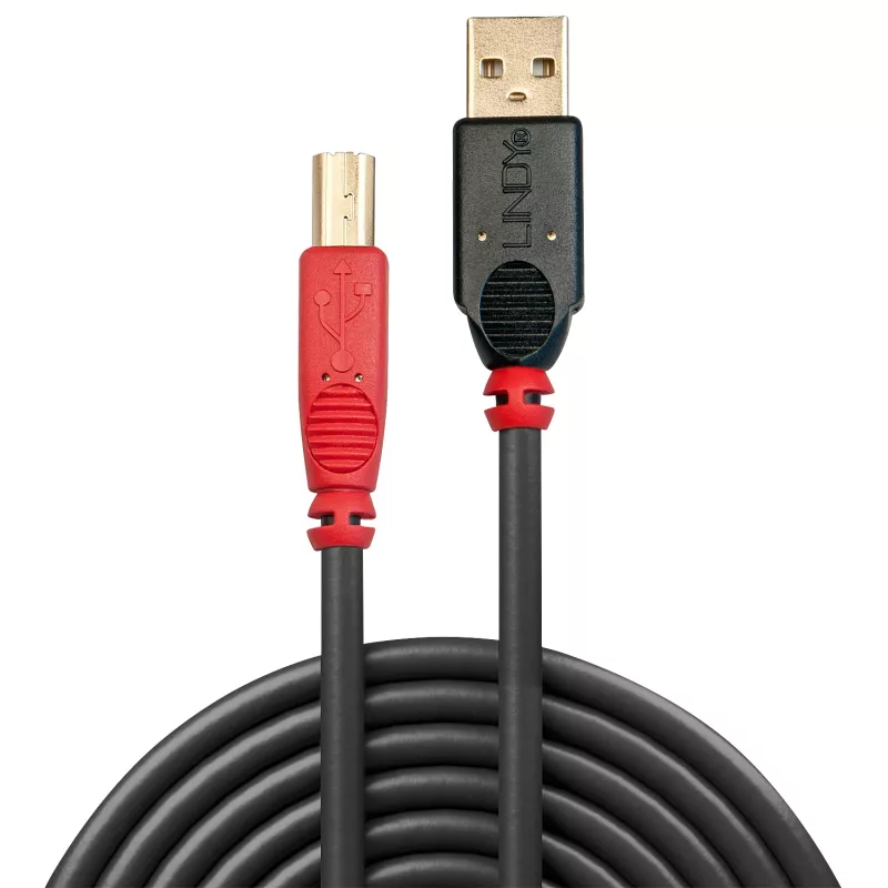 Lindy 10m USB 2.0 Type A į B aktyvus kabelis, 10 m, USB A, USB B, USB 2.0, Vyriškas/Vyriškas, Juoda, Raudona