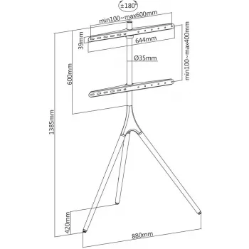 Pertvarinis stovas ant trikojo Manhattan, 1 ekranui, 37-65 colių, VESA 200x200-600x400 mm, max 32 kg