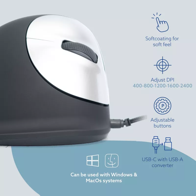 Ergonominė pelė R-Go HE Break su pertraukų programine įranga, didelė (rankos dydis ≥ 185 mm), dešinei rankai, laidinė, juoda