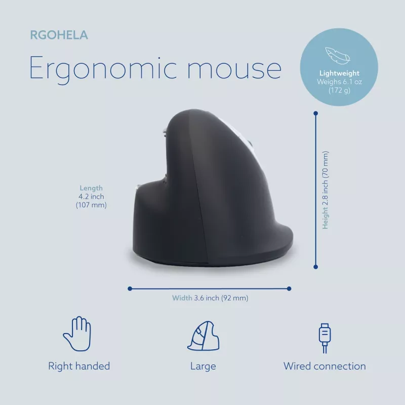 Ergonominė pelė R-Go HE Break su pertraukų programine įranga, didelė (rankos dydis ≥ 185 mm), dešinei rankai, laidinė, juoda