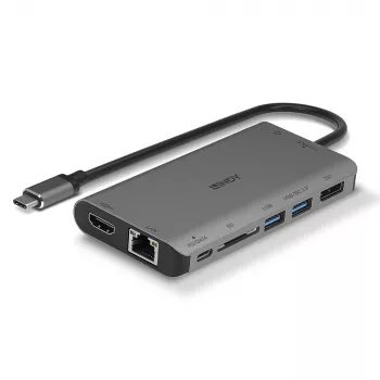 Lindy DST-Mini XT, USB-C nešiojamojo kompiuterio mini dokas su vienu ekranu (4K) arba dviem ekranais (Full HD) ir 100 W įkrovimu per laidą