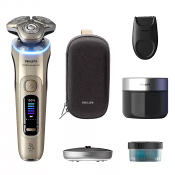 Elektrinis skustuvas Philips i9000 Prestige Ultra XP9403 – 3 rotacinės galvutės, SkinIQ Pro, šlapias ir sausas skutimas, akumuliatorius, valymo stotelė, auksinis