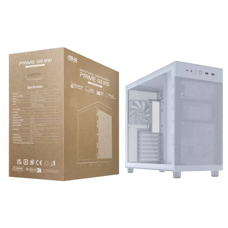 ASUS PRIME AP303 TG 90DC00V3-B39010 Midi Tower PC korpusas, ATX/Micro-ATX, grūdintas stiklas, 2x USB 3.2, be maitinimo šaltinio, baltas