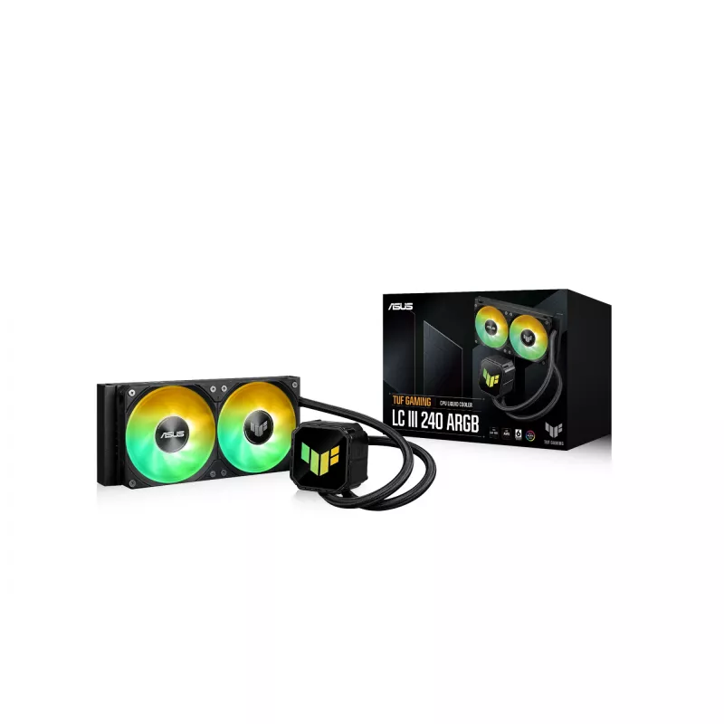 Vandens aušintuvas ASUS TUF GAMING LC III 240 ARGB — 240 mm radiatorius, 2 x 120 mm ARGB ventiliatoriai, AM5 lizdas, juodas