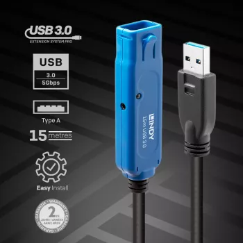 Lindy 15 m USB 3.0 Active Extension Pro ilginimo kabelis, USB A / USB A, 5 Gbit/s, juodas