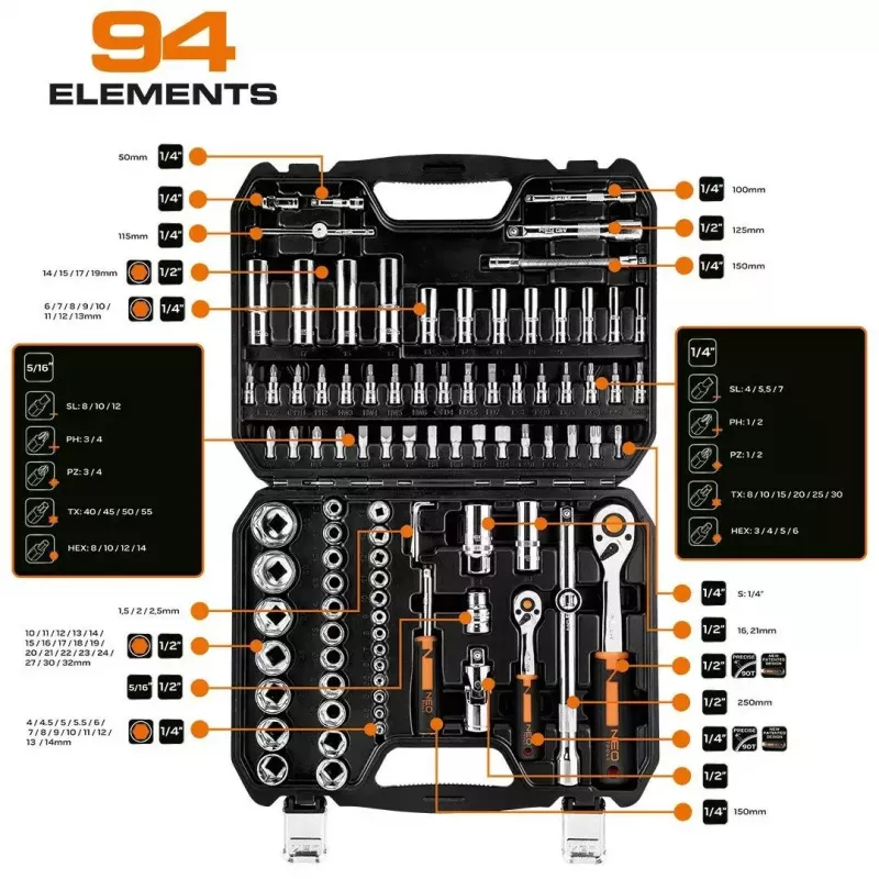 Veržliarakčių komplektas NEO Tools 10-062, 1/2 colio pavara, 10 dalių