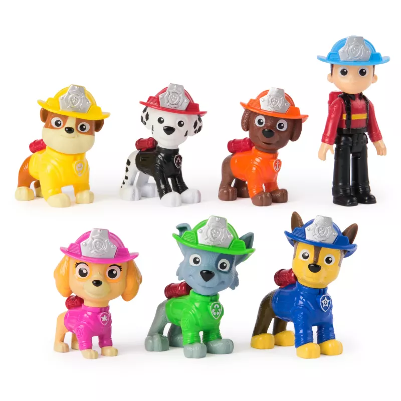 PAW Patrol ugniagesių gelbėtojų rinkinys su 7 kolekcinėmis figūrėlėmis – Ryder ir 6 šuniukai, žaislai vaikams nuo 3 metų