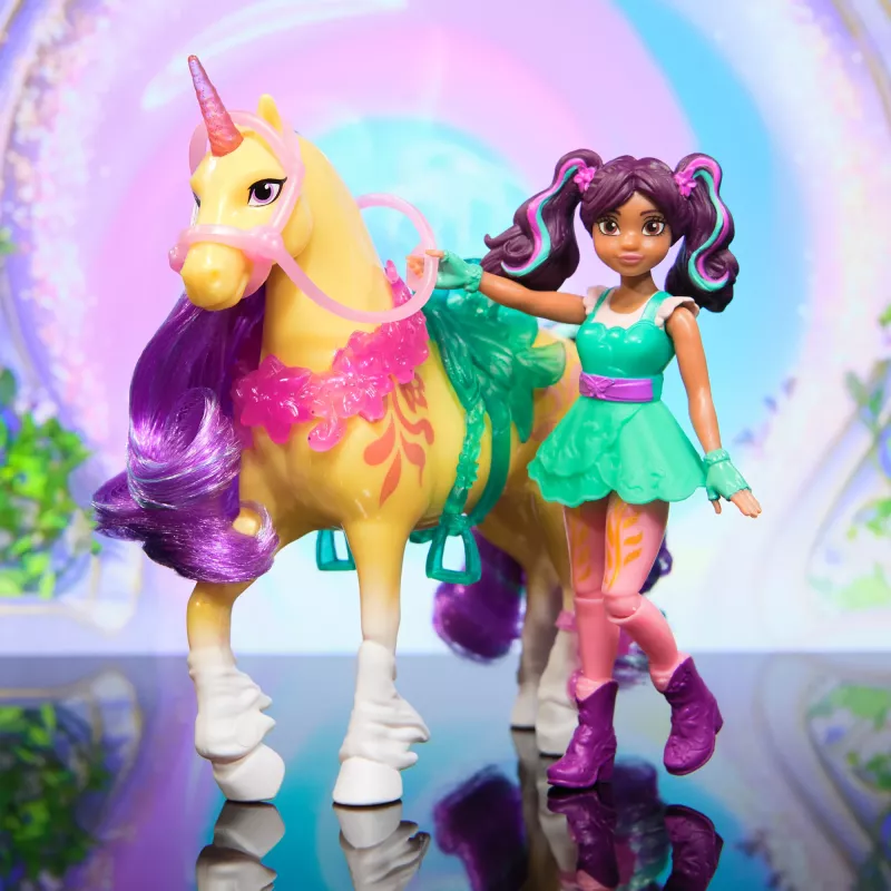Mini lėlių rinkinys Usorteret Unicorn Academy Ava & Leaf Power of Friendship su permatomu balnu ir 2 aksesuarais, 168 mm, plastikas