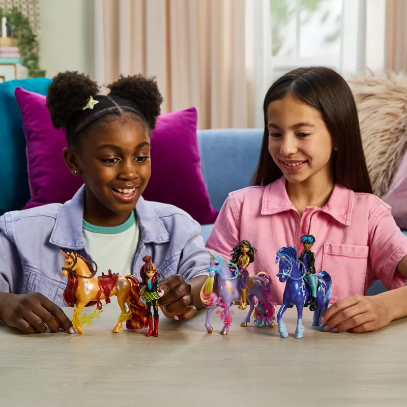 Mini lėlių rinkinys Usorteret Unicorn Academy Ava & Leaf Power of Friendship su permatomu balnu ir 2 aksesuarais, 168 mm, plastikas