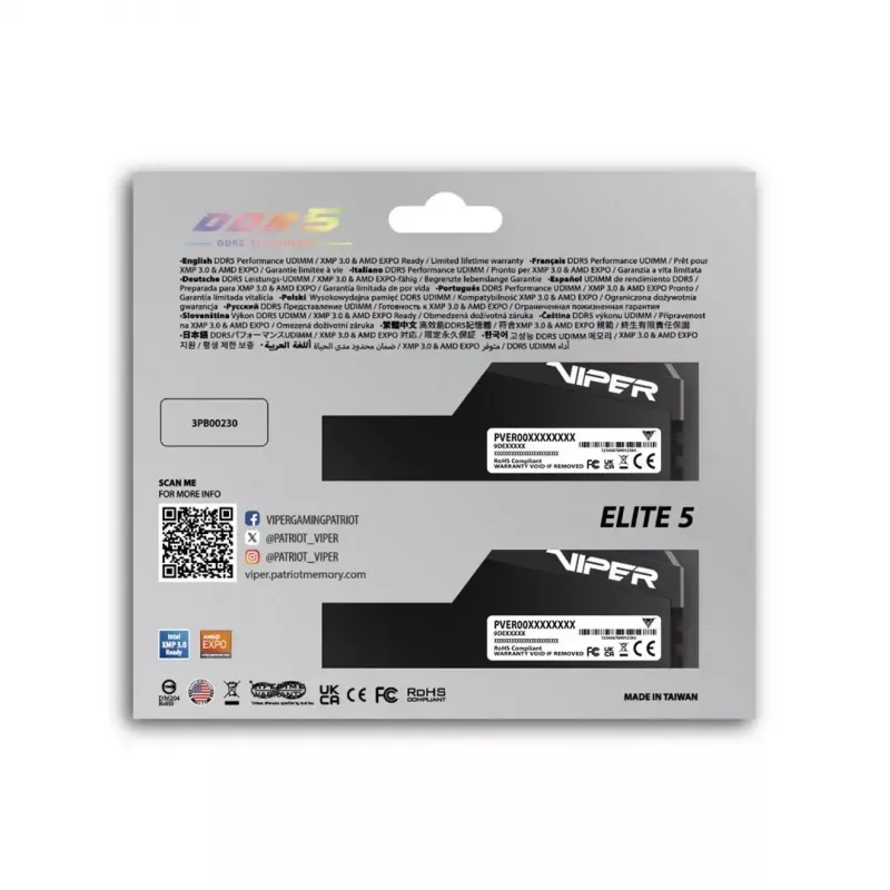 Darbalaukio DDR5 RAM PATRIOT Viper Elite 5 Ultra 64GB (2x32GB) 6000MHz CL28 1.4V su radiatoriumi