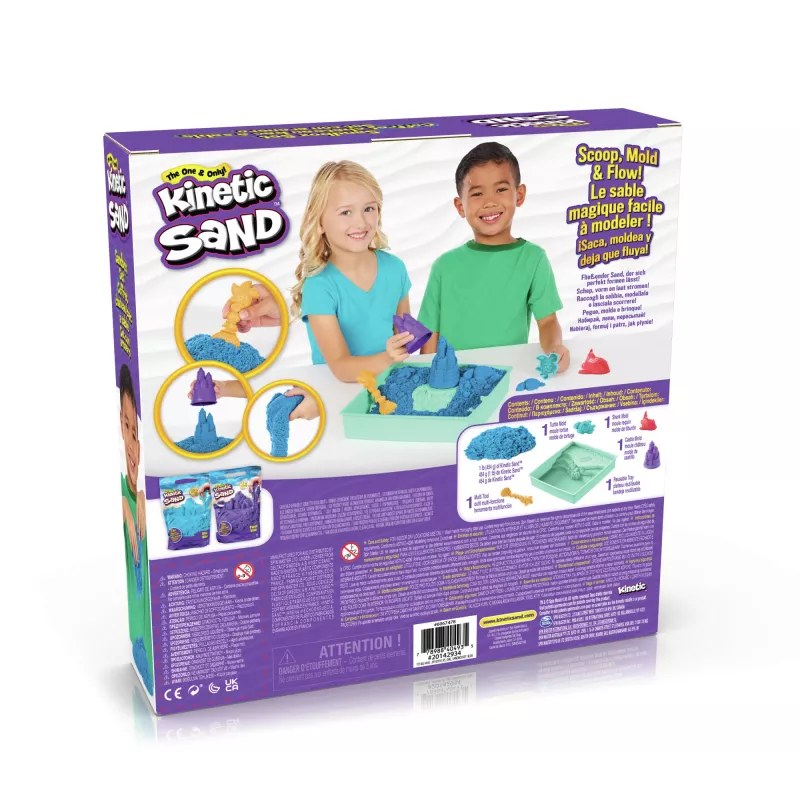 Kinetic Sand rinkinys „Smėlio dėžė“, kūrybinės Velykų dovanos, 1 mėlyno formuojamo smėlio svaras, 4 įrankiai ir formelės, laikymo dėžutė, sensorinis žaislas vaikams nuo 3 metų