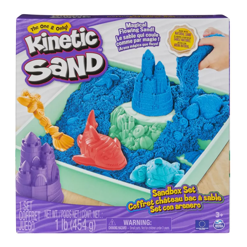 Kinetic Sand rinkinys „Smėlio dėžė“, kūrybinės Velykų dovanos, 1 mėlyno formuojamo smėlio svaras, 4 įrankiai ir formelės, laikymo dėžutė, sensorinis žaislas vaikams nuo 3 metų
