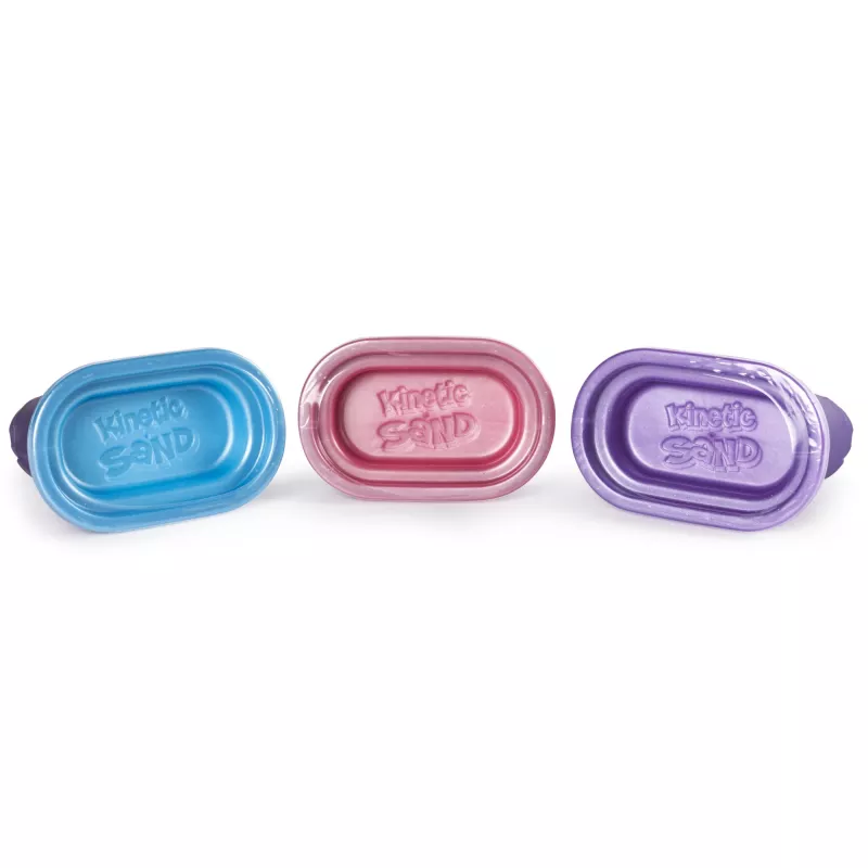 Kinetic Sand Shimmer 3 rinkinys su formelėmis ir 12 uncijų smėlio, vaikų kinetinis smėlis, 4 m., netoksiškas, plastikas, mėlyna, rožinė, violetinė