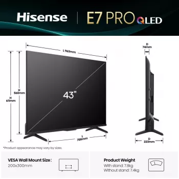 Hisense 43E77Q PRO 109,2 cm (43 inch) 4K Ultra HD QLED Smart TV Wi-Fi Juoda