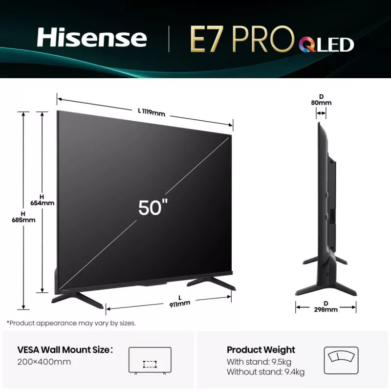Hisense 50E77Q PRO 127 cm (50 colių) 4K Ultra HD QLED išmanusis televizorius Wi-Fi juodas