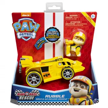 PAW Patrol Ready, Race, Rescue Rubble’s Race & Go Deluxe Transporto priemonė su garsais, 3+