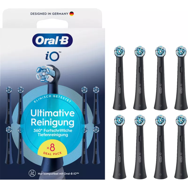 Oral-B iO Ultimate Clean keičiamos šepetėlių galvutės — 8 vnt. rinkinys, juodos, efektyviam apnašų šalinimui