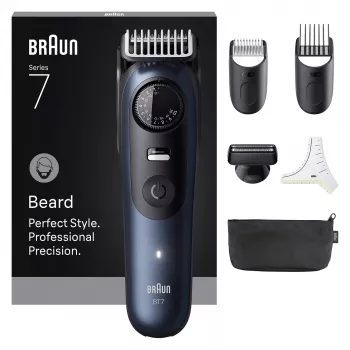 Braun BeardTrimmer 7 BT7520 barzdos kirpimo mašinėlė, baterija, 40 ilgio nustatymų, 0,5–20 mm, šlapiai ir sausai, juoda, mėlyna