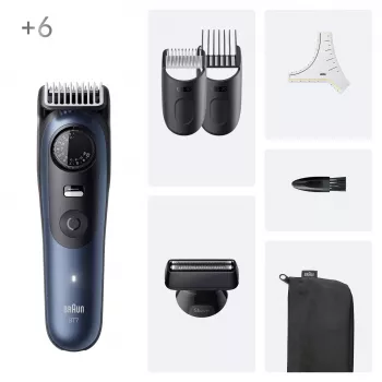 Braun BeardTrimmer 7 BT7520 barzdos kirpimo mašinėlė, baterija, 40 ilgio nustatymų, 0,5–20 mm, šlapiai ir sausai, juoda, mėlyna