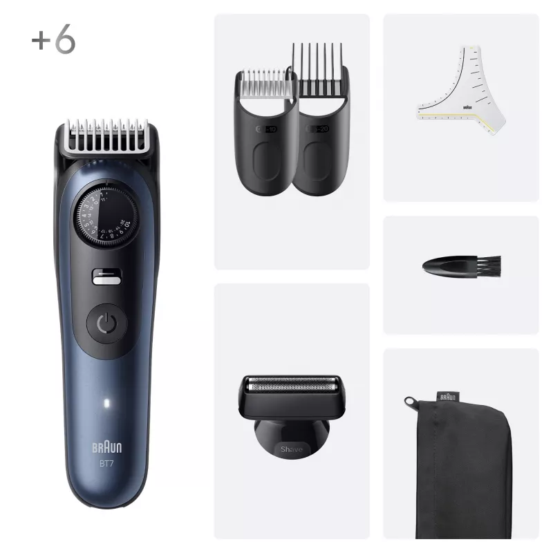 Braun BeardTrimmer 7 BT7520 barzdos kirpimo mašinėlė, baterija, 40 ilgio nustatymų, 0,5–20 mm, šlapiai ir sausai, juoda, mėlyna