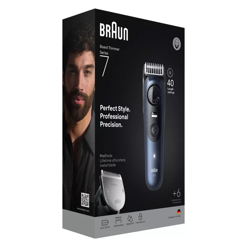 Braun BeardTrimmer 7 BT7520 barzdos kirpimo mašinėlė, baterija, 40 ilgio nustatymų, 0,5–20 mm, šlapiai ir sausai, juoda, mėlyna