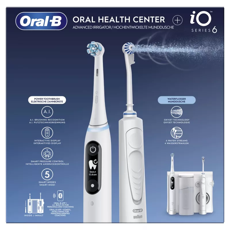 Oral-B iO6 elektrinis dantų šepetėlis su OxyJet burnos irigatoriaus rinkiniu, baltas