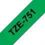 Laminuota etikečių juosta Brother TZe-751 24 mm – juoda ant žalios, 8 m, pilka kasetė