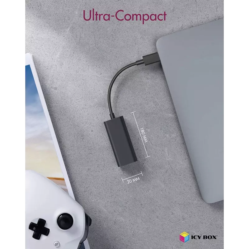 ICY BOX USB 3.0 A tipo į RJ-45 Ethernet prievadą adapteris, laidinis, USB, Ethernet, 1000 Mbit/s, juoda