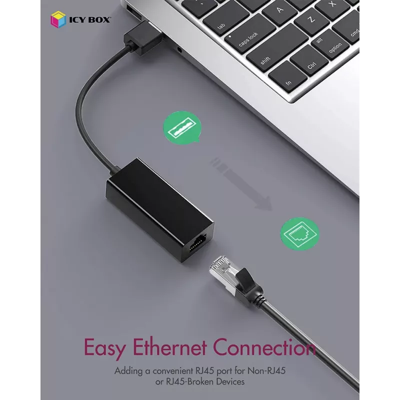 ICY BOX USB 3.0 A tipo į RJ-45 Ethernet prievadą adapteris, laidinis, USB, Ethernet, 1000 Mbit/s, juoda