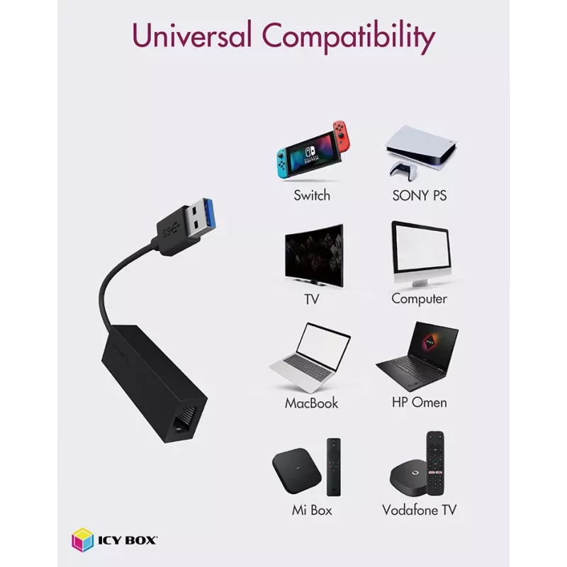 ICY BOX USB 3.0 A tipo į RJ-45 Ethernet prievadą adapteris, laidinis, USB, Ethernet, 1000 Mbit/s, juoda