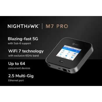 Nešiojamas korinis maršrutizatorius Netgear Nighthawk M7 Pro — trijų juostų Wi‑Fi 2.4/5/6 GHz, 5G Sub6, LTE, Gigabit Ethernet, USB‑C, juodas