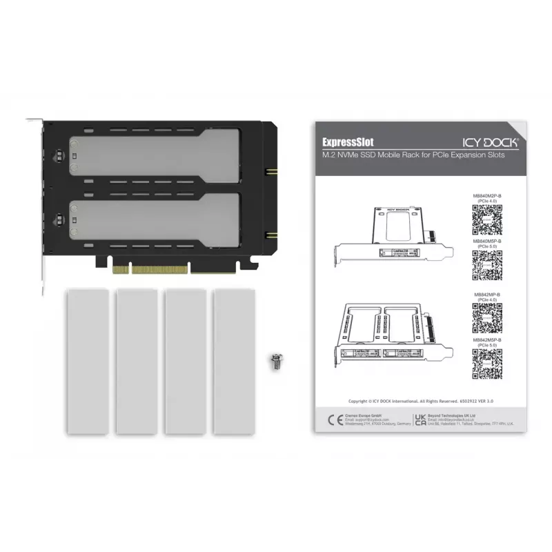 Icy Dock ExpressSlot Elite MB842M5P-B adapteris su 2 išimamais M.2 NVMe SSD skyriais, PCIe 5.0 x8