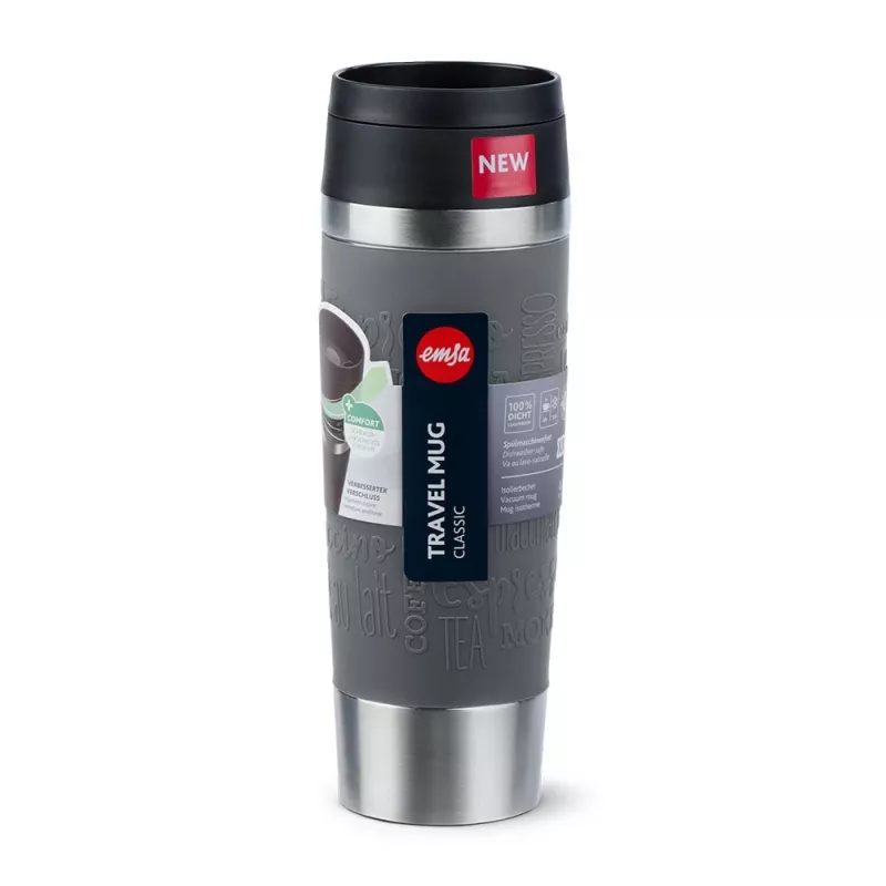 EMSA N2022300 Travel Mug Classic Grande šilumą išlaikantis puodelis, 500 ml, nerūdijantis plienas/PP/silikonas, Quick Press dangtelis, pilkas