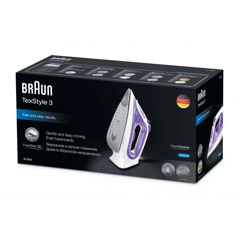 Braun TexStyle 3 SI3042VI lygintuvas su garais, keraminis padas, 2350 W, violetinė, sidabrinė, balta