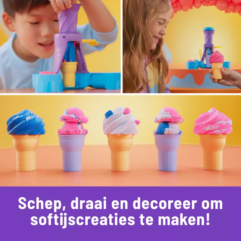 Kinetic Sand Soft Serve Station – Kūrybinis ledų gaminimo rinkinys su 14 uncijų formuojamu smėliu (3 spalvos), 2 ledų kūgiais ir įrankiais