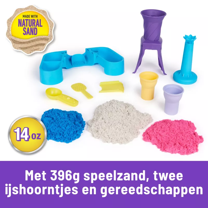 Kinetic Sand Soft Serve Station – Kūrybinis ledų gaminimo rinkinys su 14 uncijų formuojamu smėliu (3 spalvos), 2 ledų kūgiais ir įrankiais