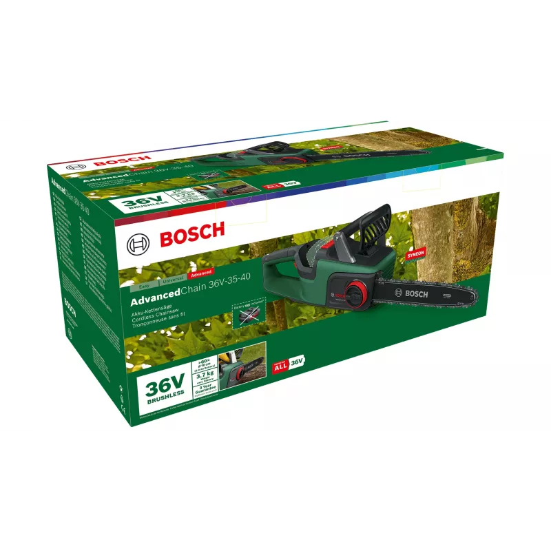 Bosch AdvancedChain 36V-35-40 belaidis grandininis pjūklas – 36 V, 2 Ah akumuliatorius, 35 cm padanga, 31 cm pjovimo ilgis