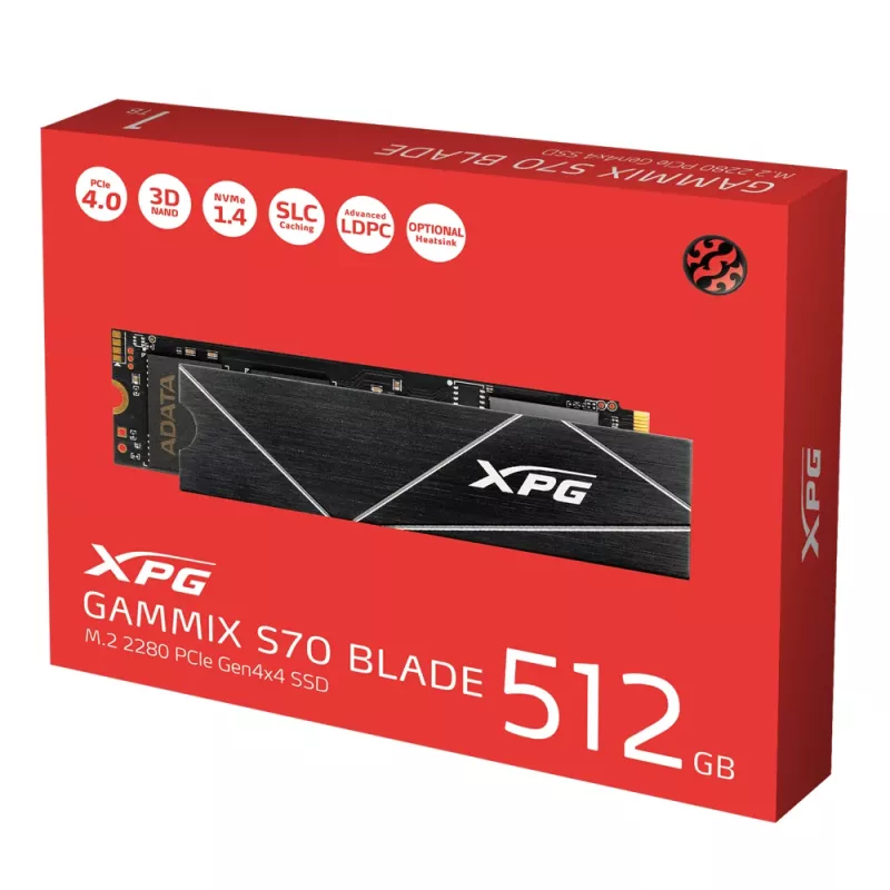 SSD M.2 512 GB ADATA XPG GAMMIX S70 BLADE – PCIe 4.0 NVMe, Skaitymas 7400 MB/s, Rašymas 2600 MB/s